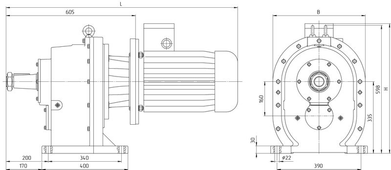 Габаритные размеры мотор редуктора 4МЦ2С 160 исполнение на лапах с общепромышленным двигателем